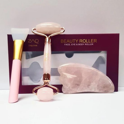 Rose Quartz Facial Roller, Gua Sha Board + Brush Set