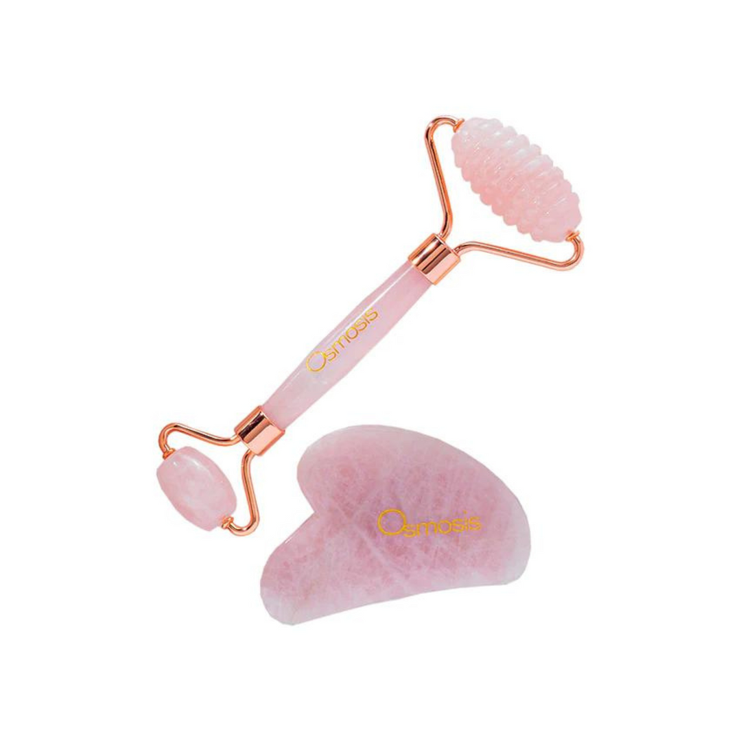 Rose Quartz Facial Roller, Gua Sha Board + Brush Set