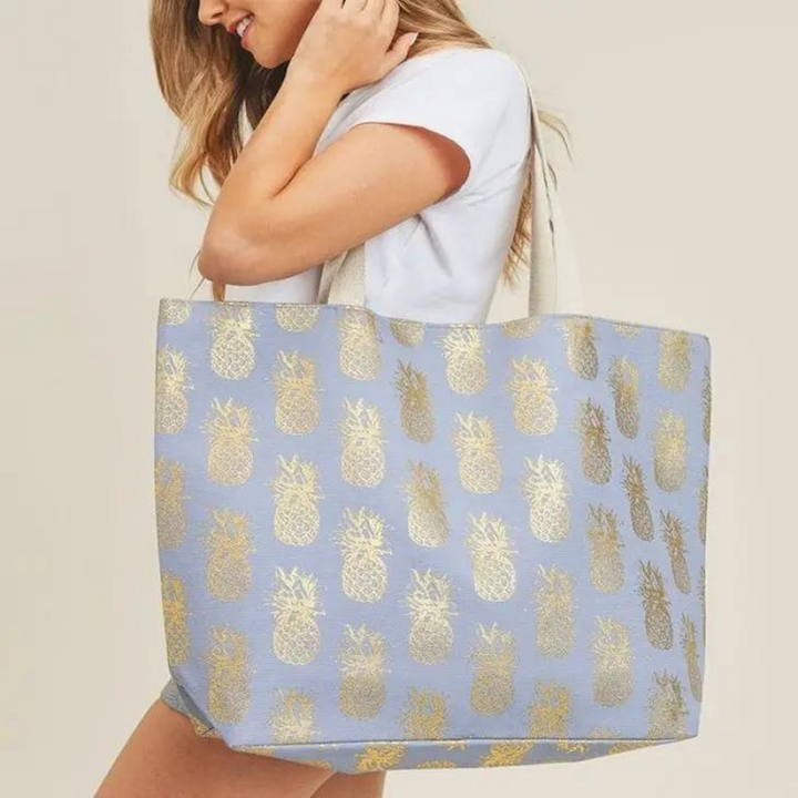 Gold Foil Pineapple Beach Bag