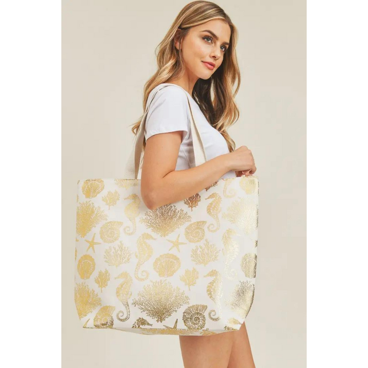 Gold Foil Sea Life Tote Beach Bag