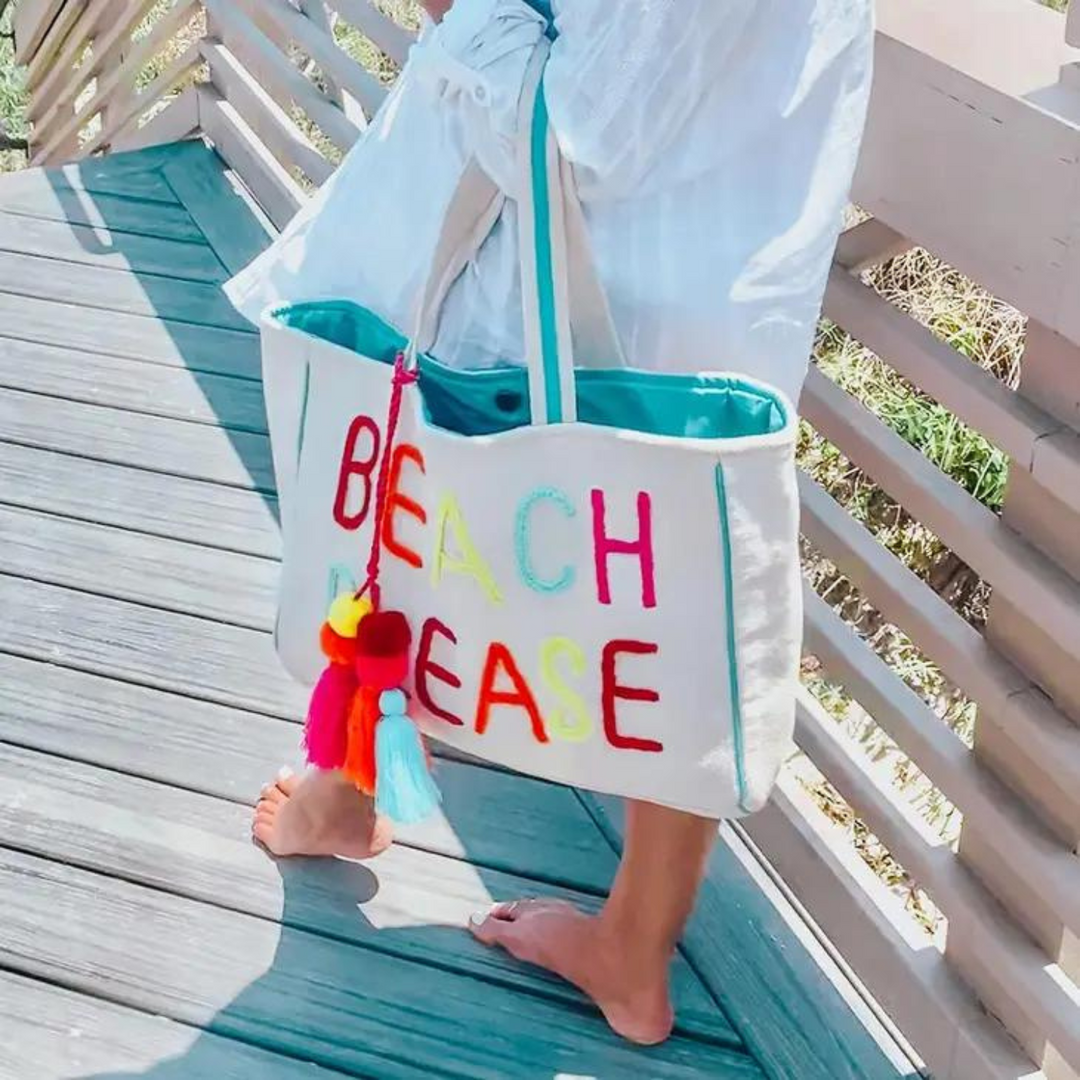 Beach Please Canvas Woven Tote Beach Bag