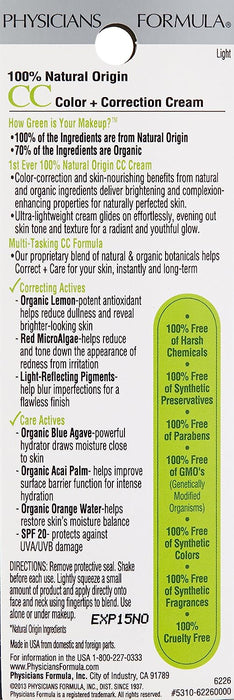 Physicians Formula- Organic Wear 100% Natural Origin CC Cream, Light 1.2 Fl oz