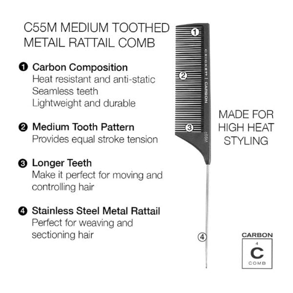 Cricket Carbon Comb- C55M Medium Tooth Metal Rattail